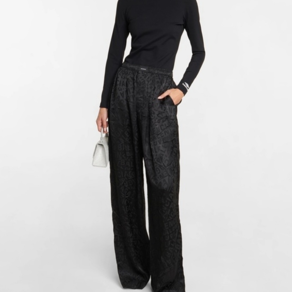 Balenciaga Women's Black Silk Logo Wide-Leg Pants